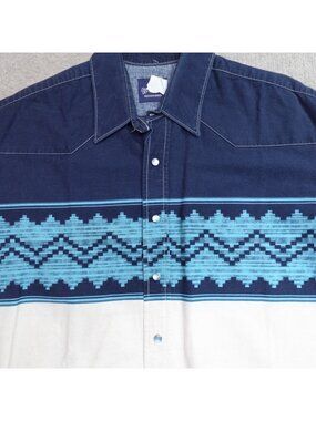 Vintage Wrangler Shirt XL Blue Pearl Snap Southwestern